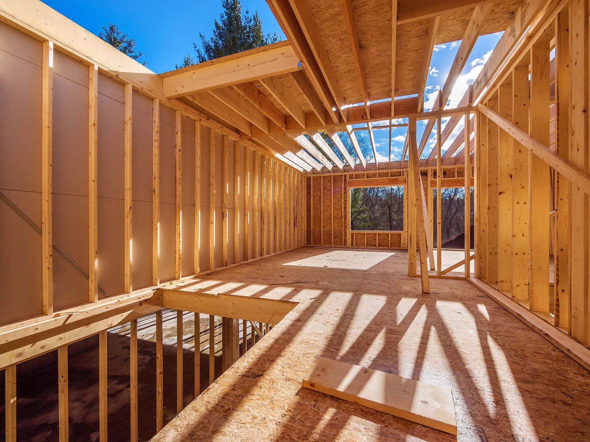 Residential home under construction with skylights